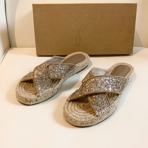 Joie Ianna Glitter Suede Espadrille Slide Sandals Gold Slip on Flat Mules 37.5 - Picture 8 of 11